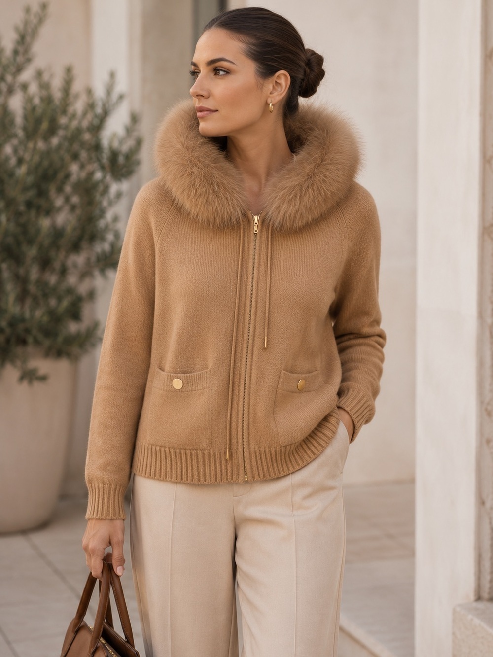 St. John Camel Zip Up Sweater Jacket Fur Trim Hood Cardigan Luxury Knit Small